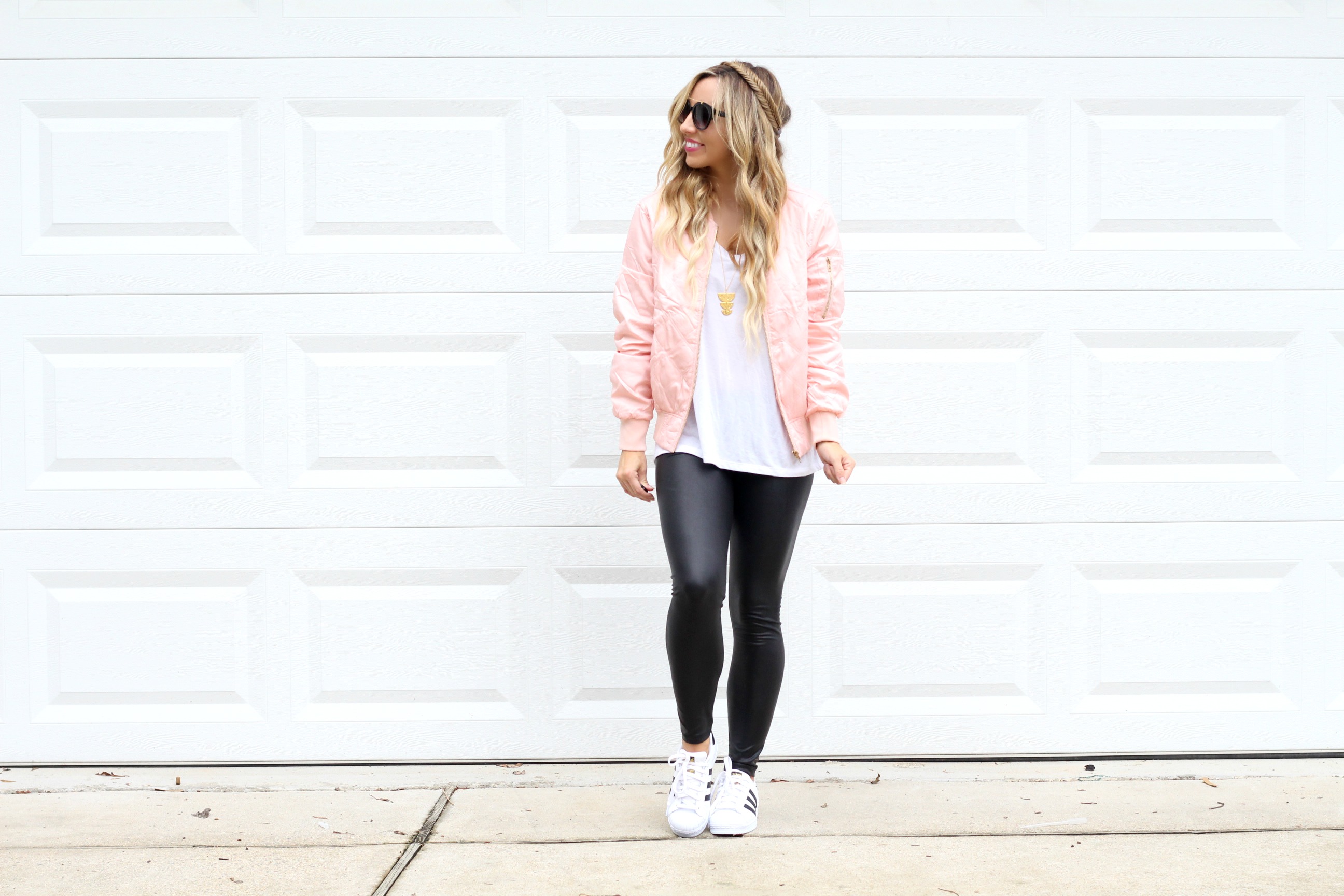 Pink Bomber Jacket & Leather Leggings - According to Blaire