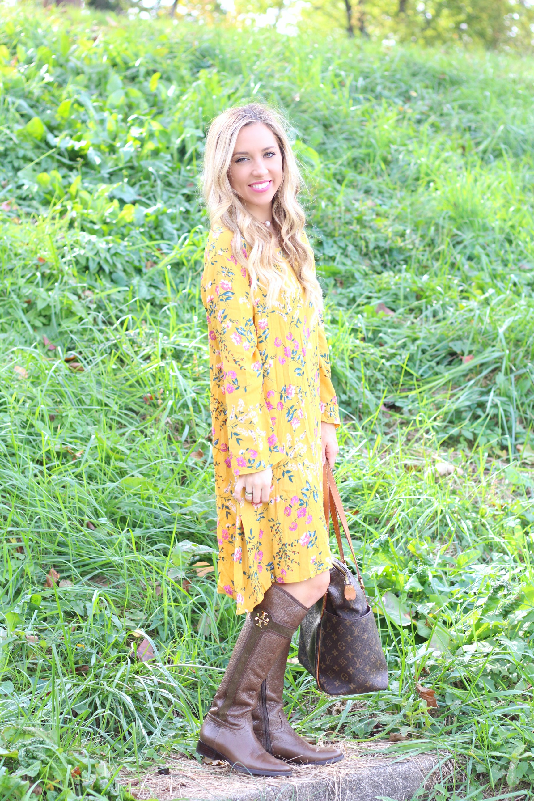 Yellow Floral Dress & Tory Burch Riding Boots - According to Blaire