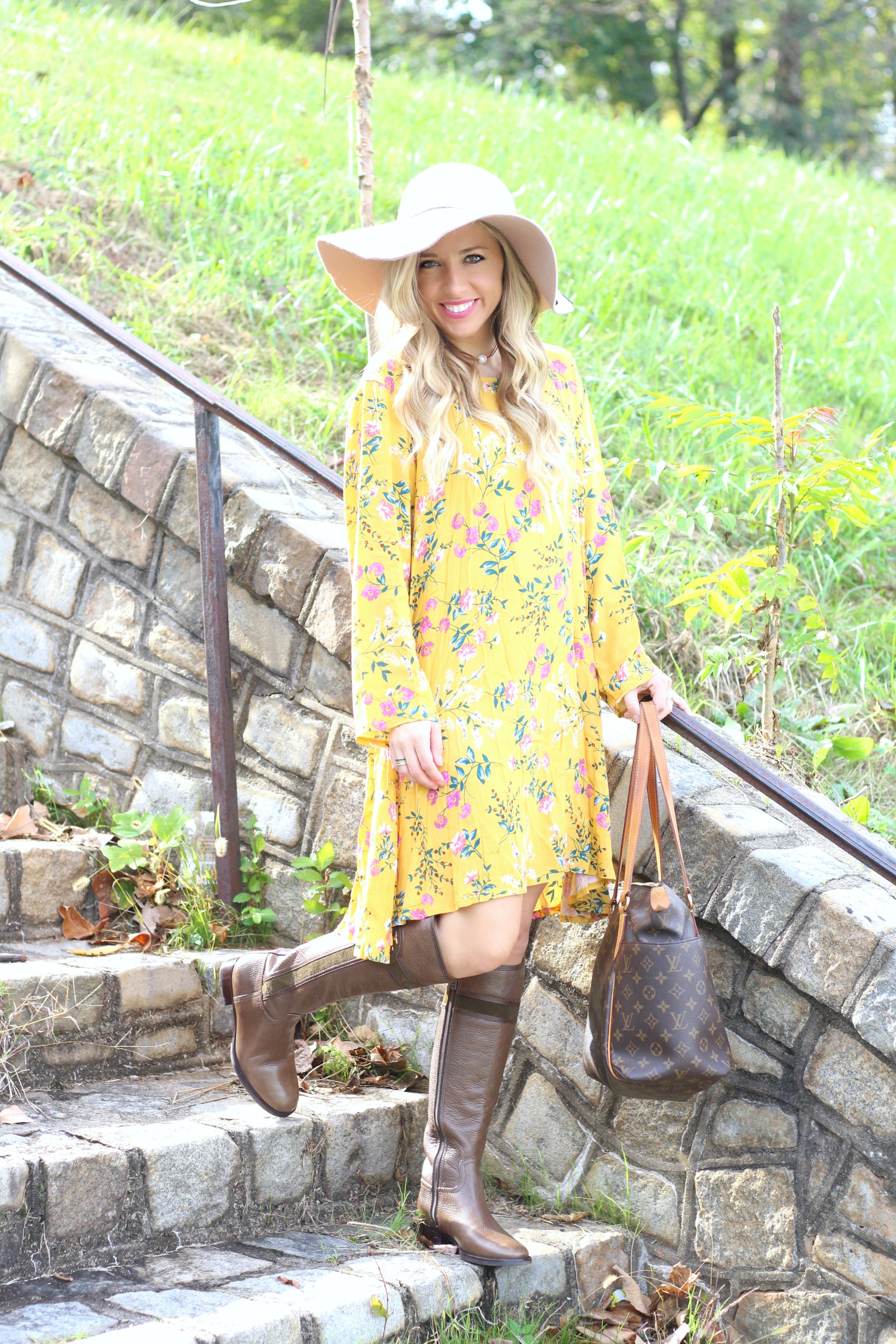 Yellow Floral Dress & Tory Burch Riding Boots - According to Blaire