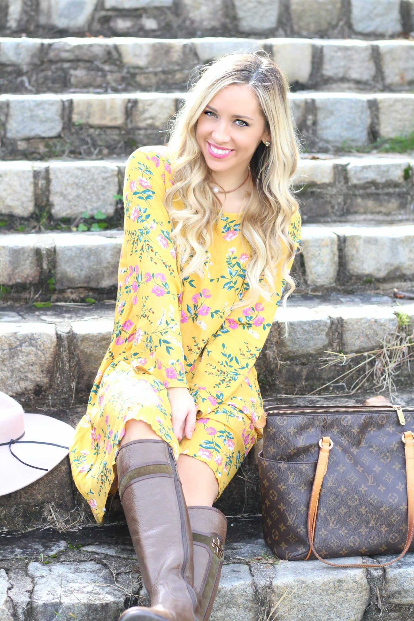Yellow Floral Dress & Tory Burch Riding Boots