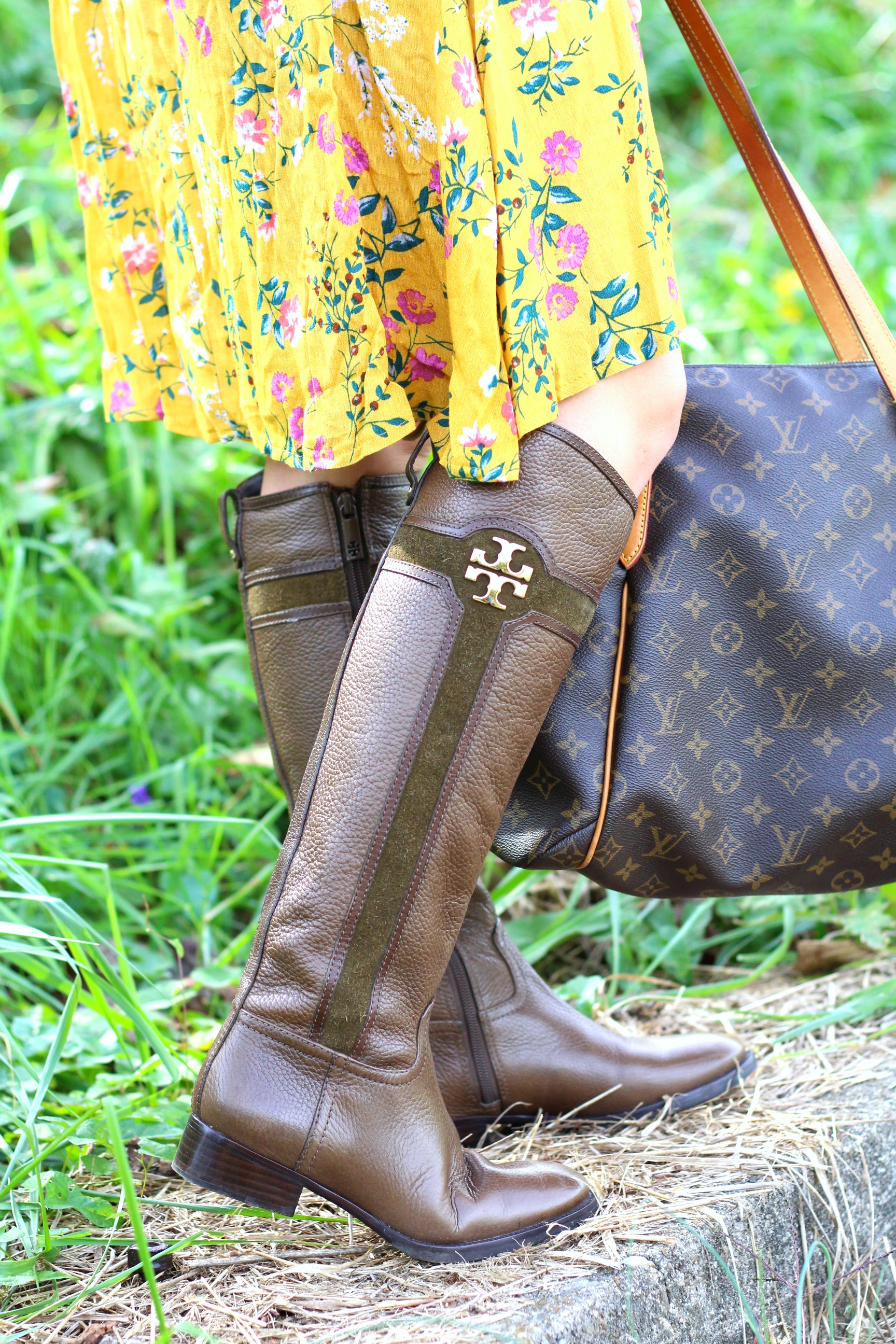 Yellow Floral Dress & Tory Burch Riding Boots - According to Blaire