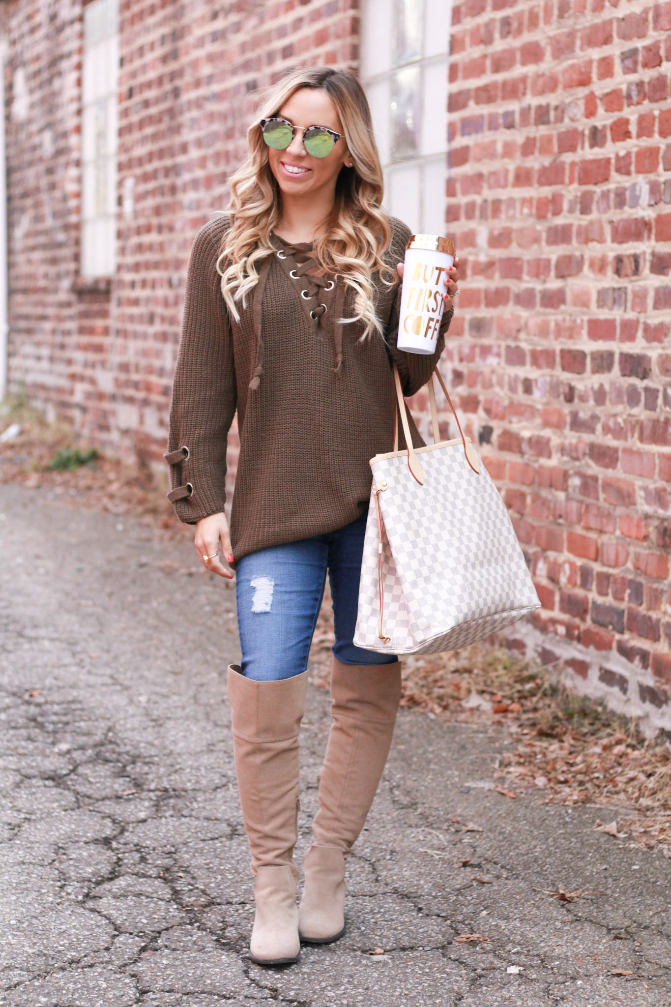 Lace-Up Oversized Sweater & Distressed Denim - According to Blaire